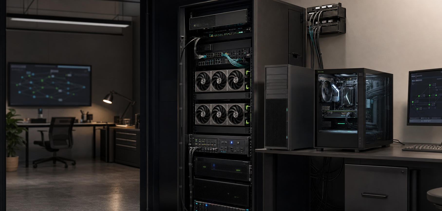 A private GPU fleet spanning a rack server and two workstations.